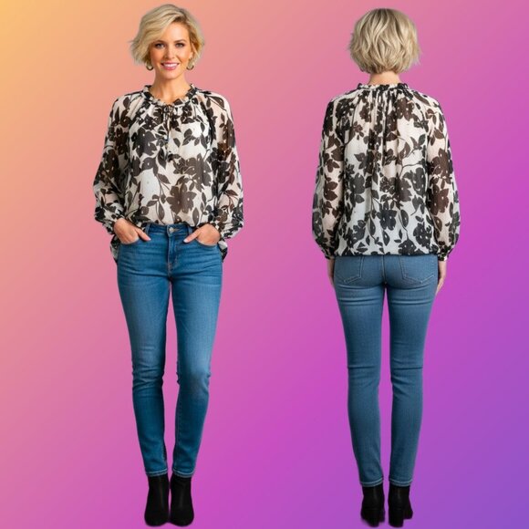 HAVER-London Boho-Chic Semi-Sheer Black Florals Gold Flecks Chiffon Blouse Sz 2X - Picture 3 of 6